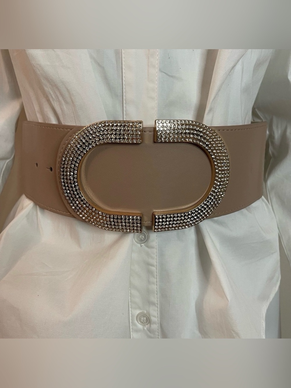 Taupe PU leather oval buckle w/ rhinestones details elastic waistband belt